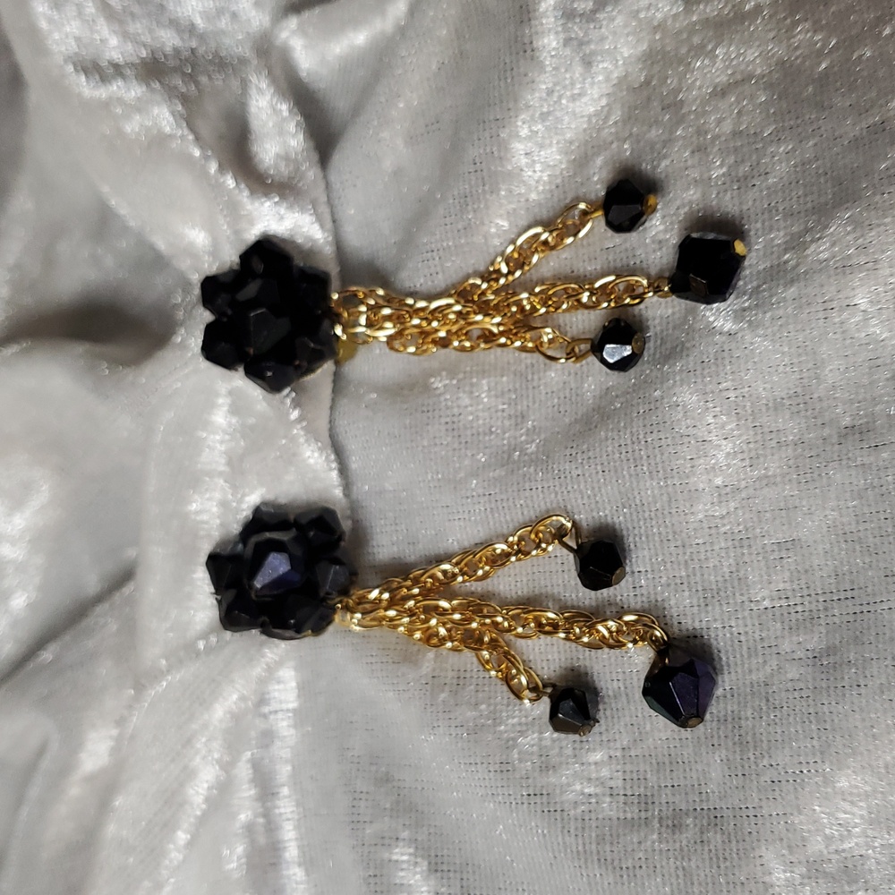 VINTAGE GERMANY Clip On Earrings Black Lucite Cluster Bead Gold Chain Dangle